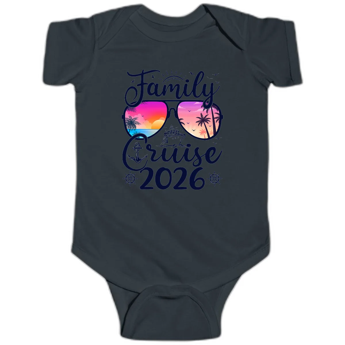 Family Cruise 2026 Tropical Sunset Sunglasses Baby Onesie in Black