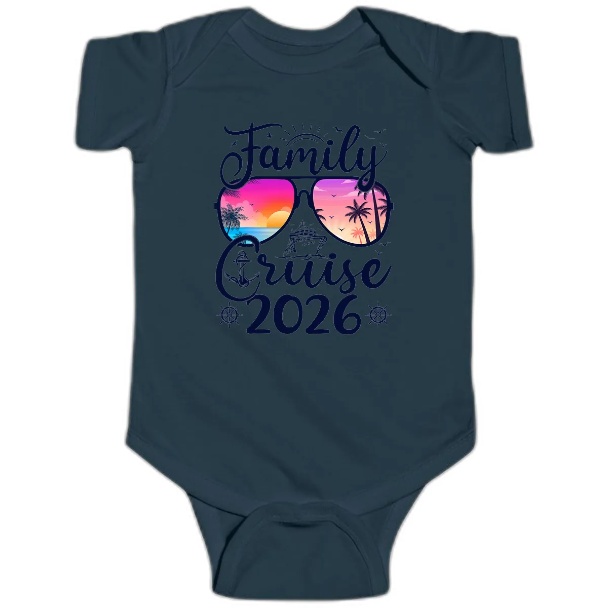 Family Cruise 2026 Tropical Sunset Sunglasses Baby Onesie in Navy