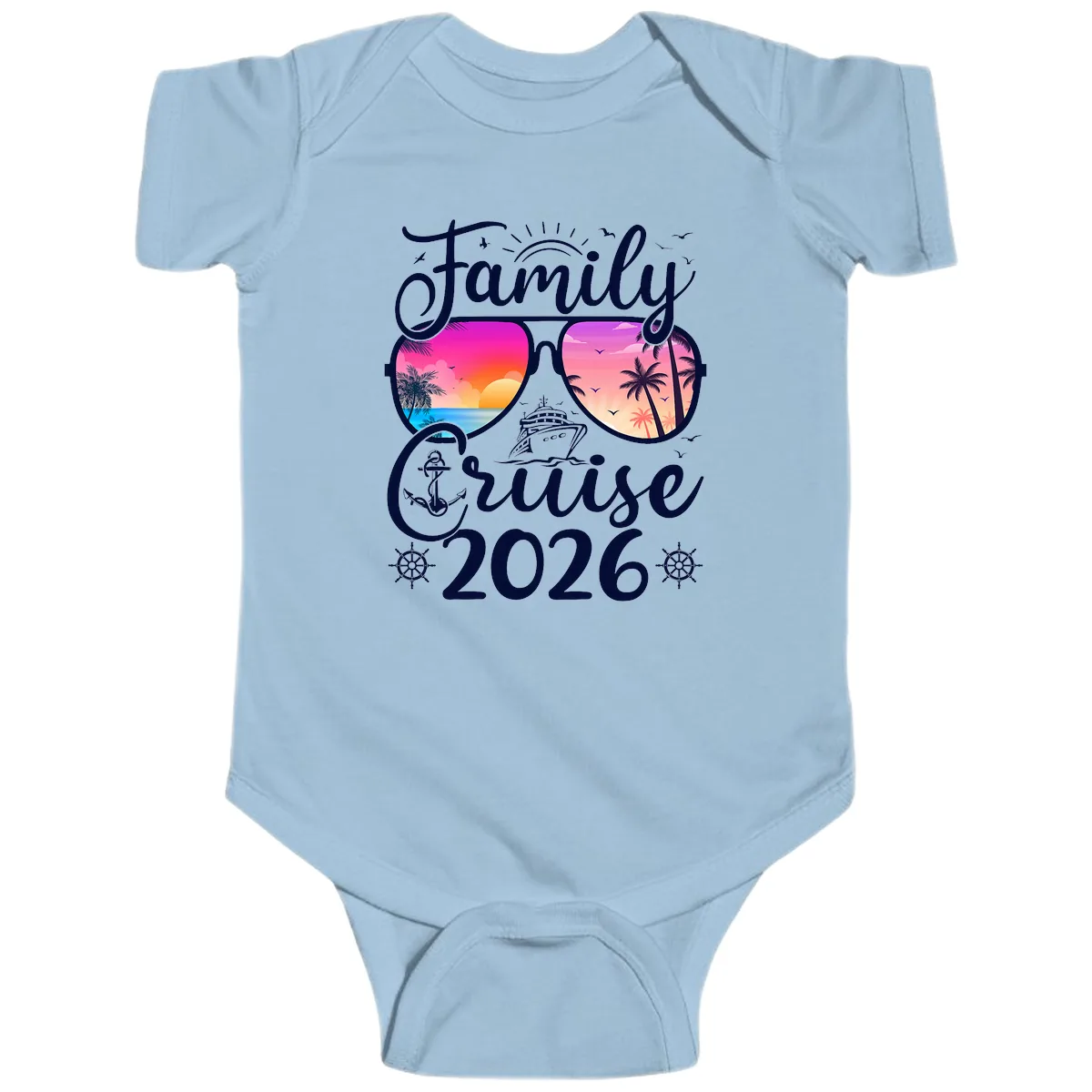 Family Cruise 2026 Tropical Sunset Sunglasses Baby Onesie in Light Blue