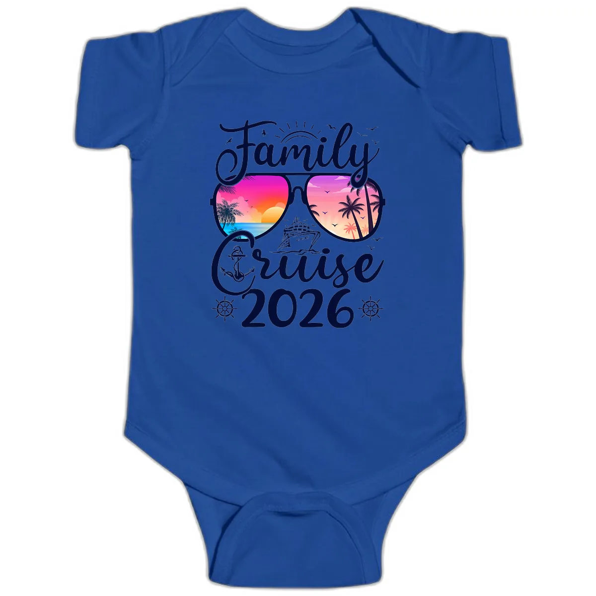 Family Cruise 2026 Tropical Sunset Sunglasses Baby Onesie in Royal