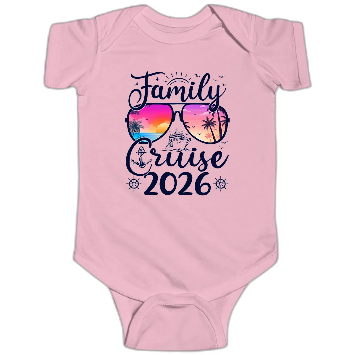 Family Cruise 2026 Tropical Sunset Sunglasses Baby Onesie in Pink