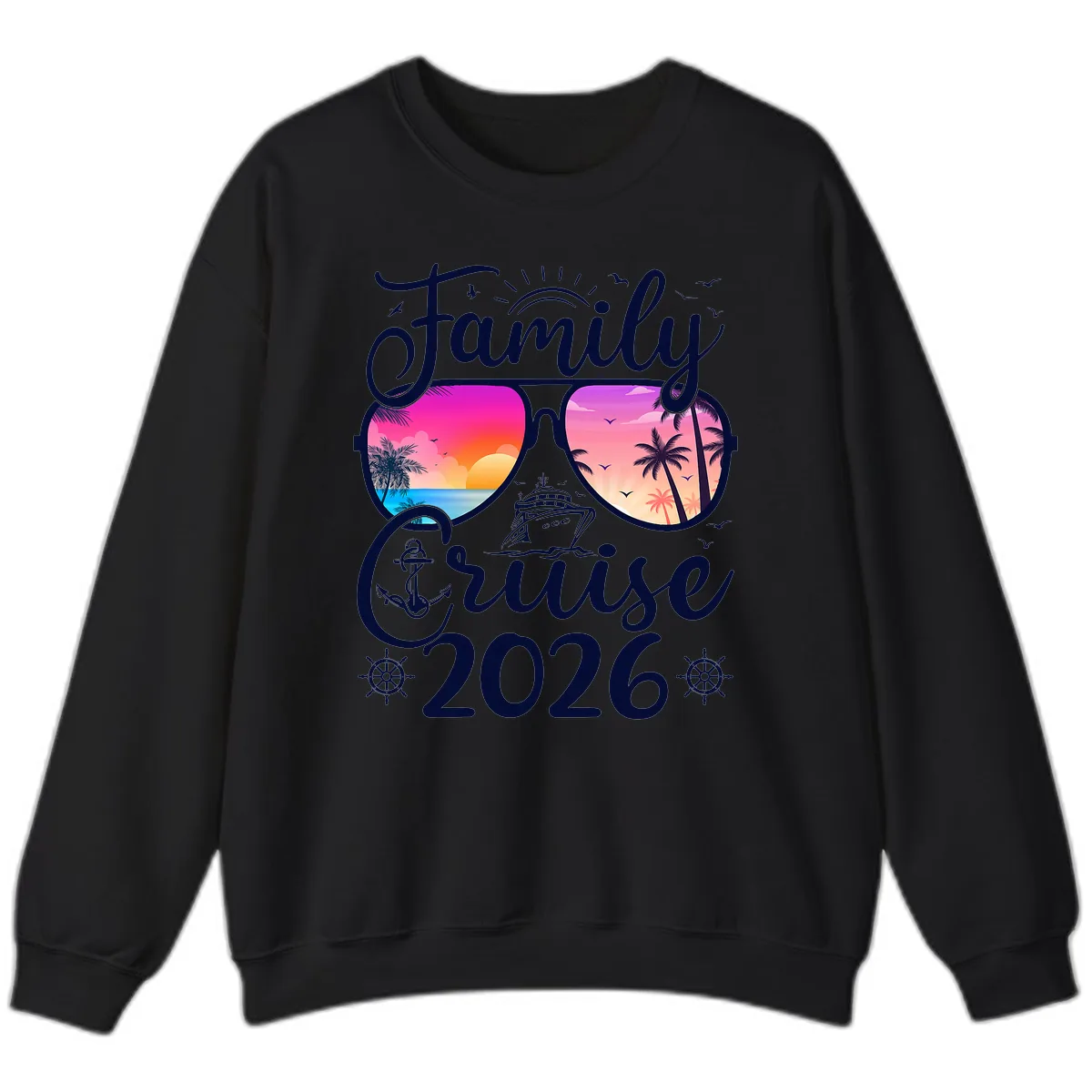 Family Cruise 2026 Tropical Sunset Sunglasses Sweatshirt in Black