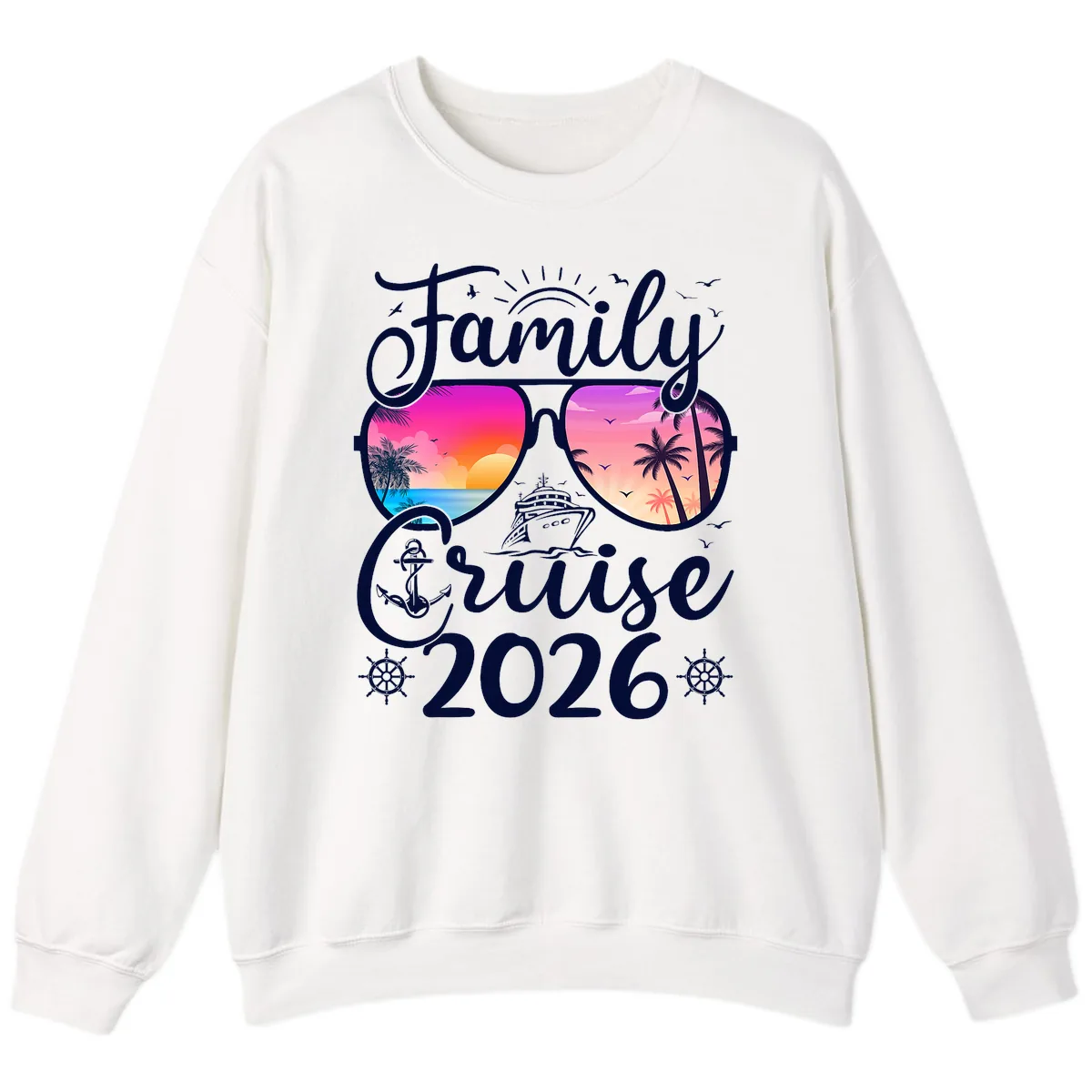 Family Cruise 2026 Tropical Sunset Sunglasses Sweatshirt in White