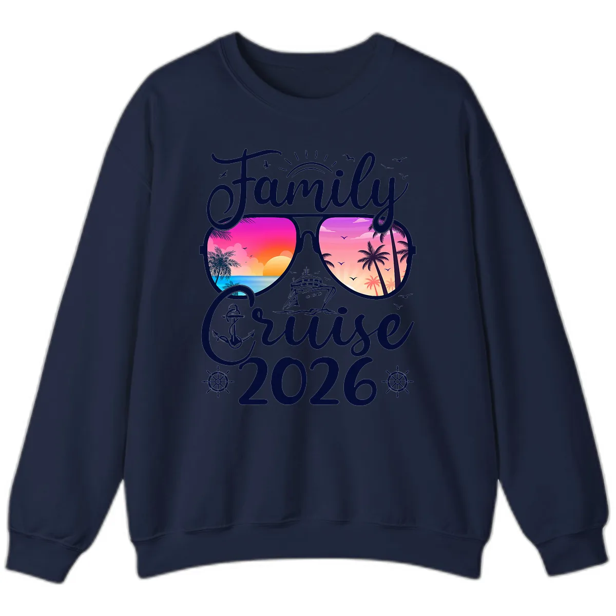 Family Cruise 2026 Tropical Sunset Sunglasses Sweatshirt in Navy