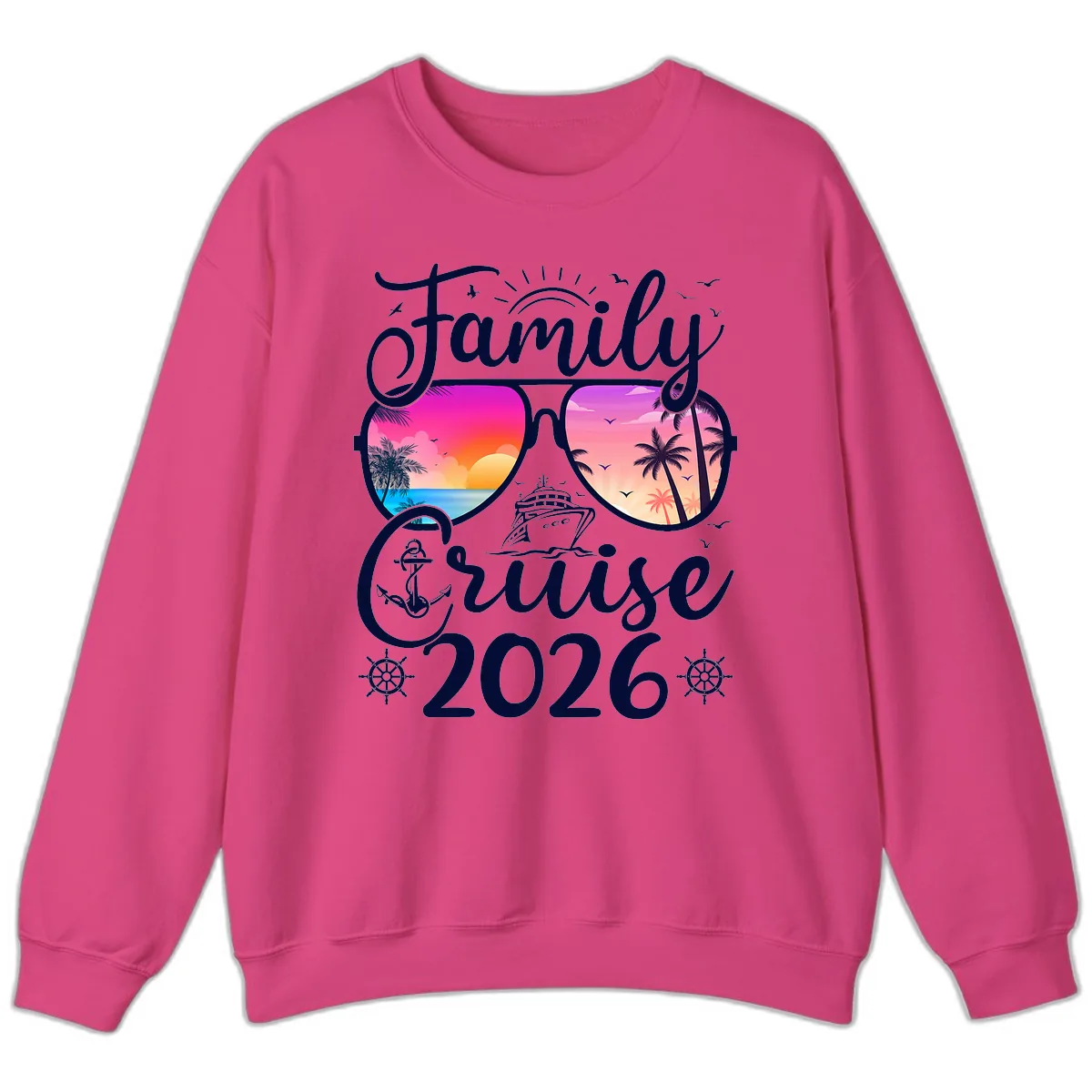 Family Cruise 2026 Tropical Sunset Sunglasses Sweatshirt in Heliconia