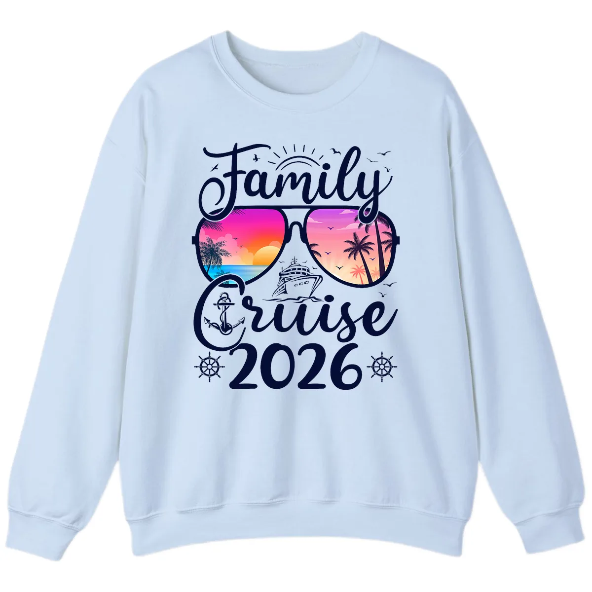 Family Cruise 2026 Tropical Sunset Sunglasses Sweatshirt in Light Blue