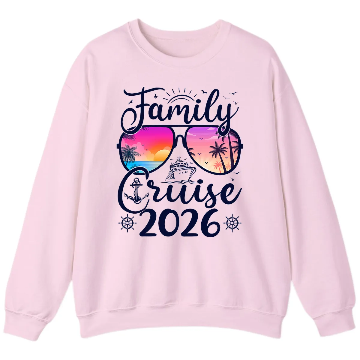 Family Cruise 2026 Tropical Sunset Sunglasses Sweatshirt in Light Pink