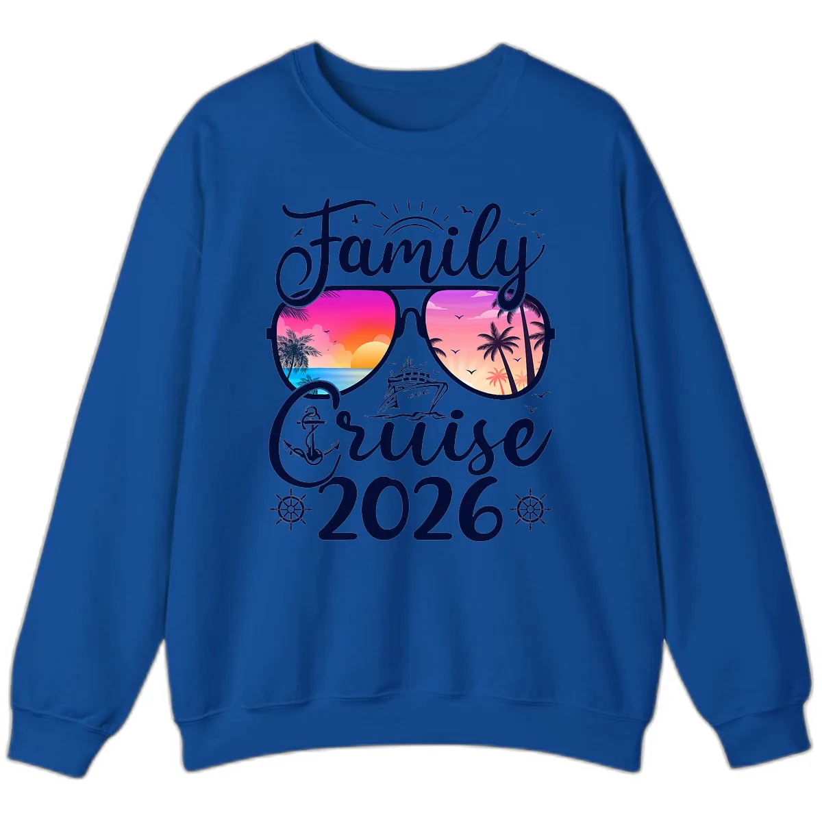Family Cruise 2026 Tropical Sunset Sunglasses Sweatshirt in Royal