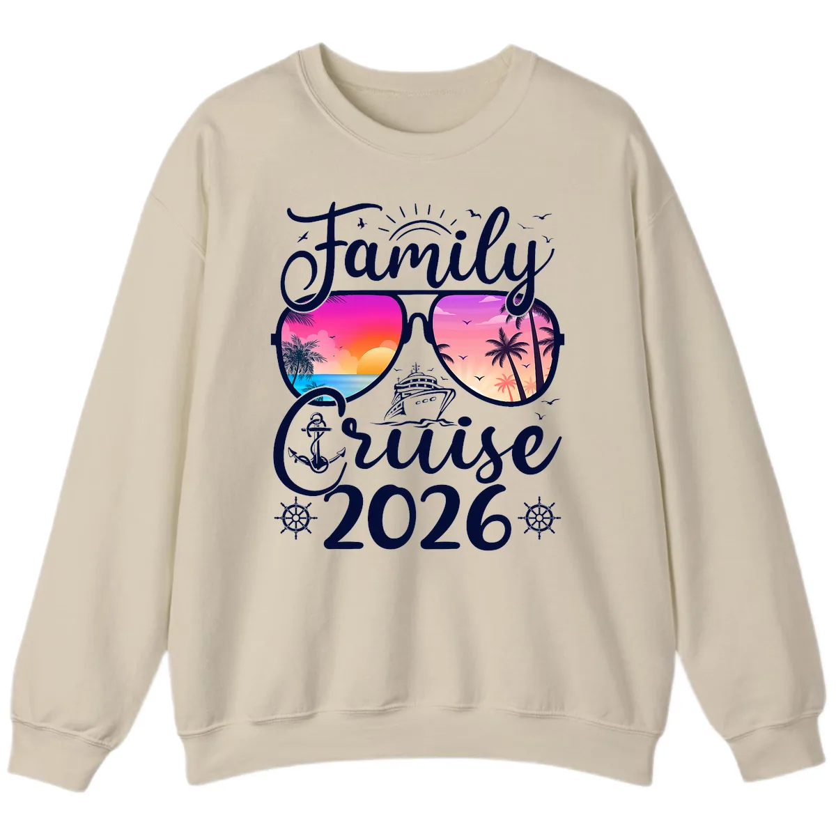Family Cruise 2026 Tropical Sunset Sunglasses Sweatshirt in Sand