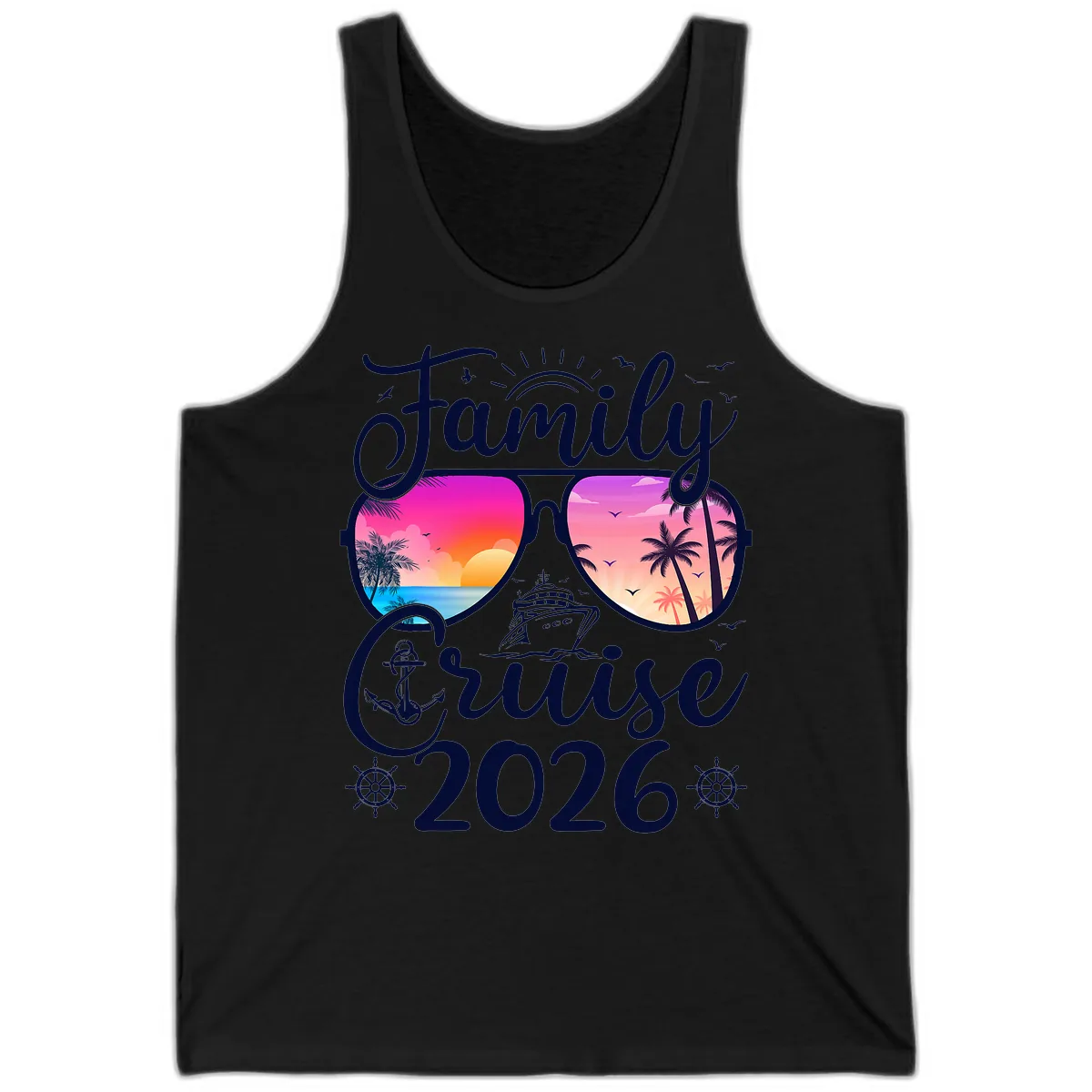 Family Cruise 2026 Tropical Sunset Sunglasses Tank in Black