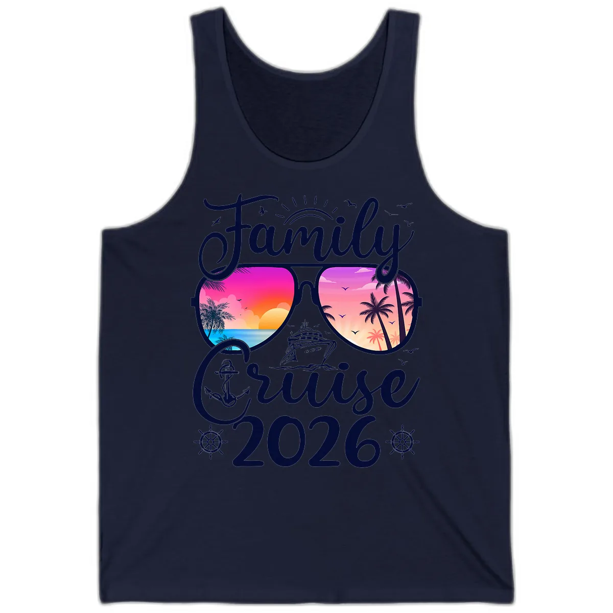 Family Cruise 2026 Tropical Sunset Sunglasses Tank in Navy