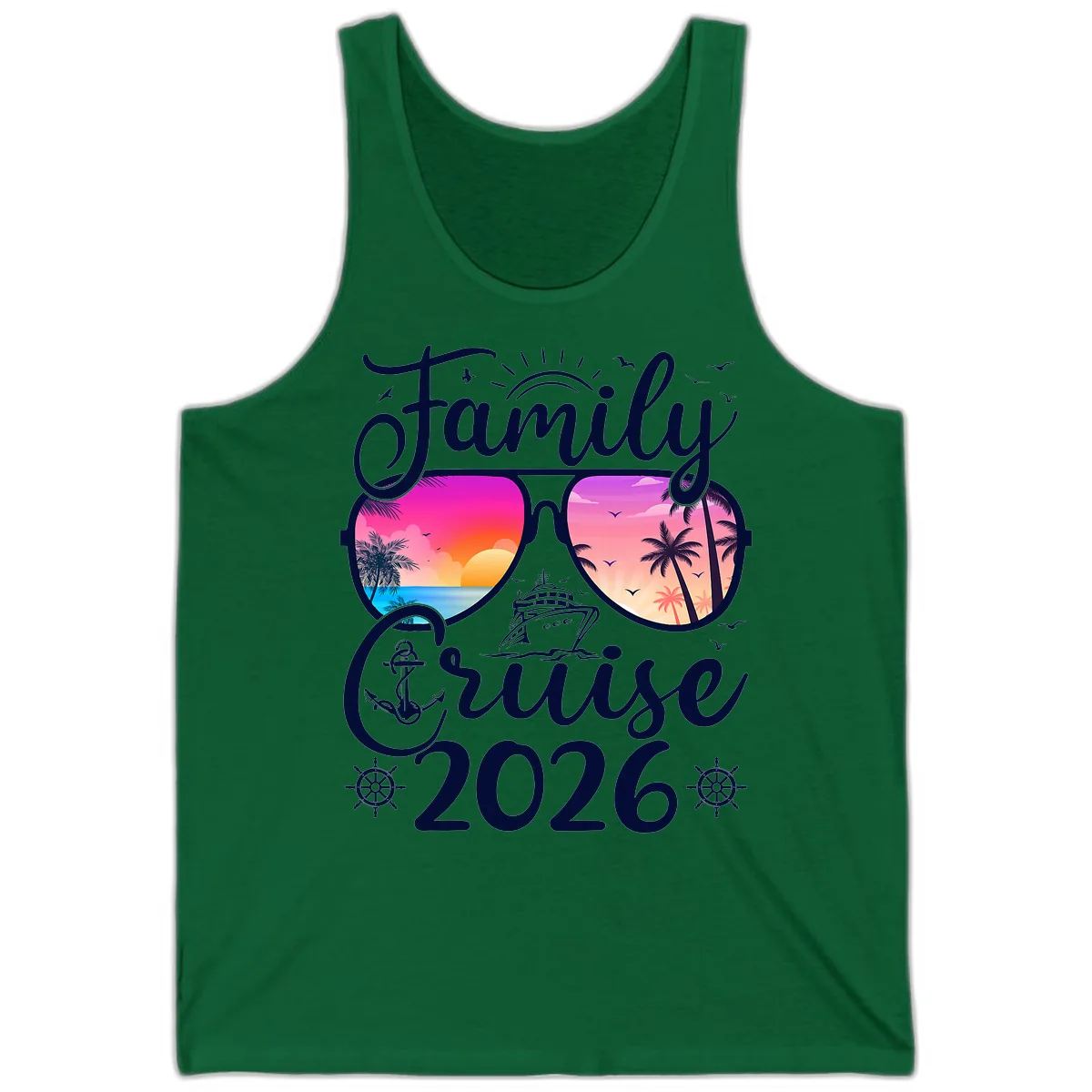 Family Cruise 2026 Tropical Sunset Sunglasses Tank in Kelly