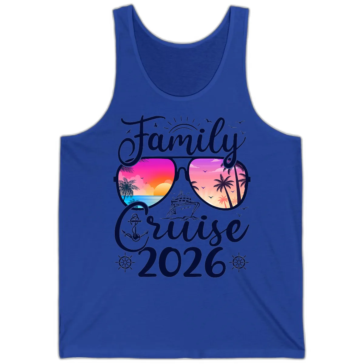 Family Cruise 2026 Tropical Sunset Sunglasses Tank in True Royal