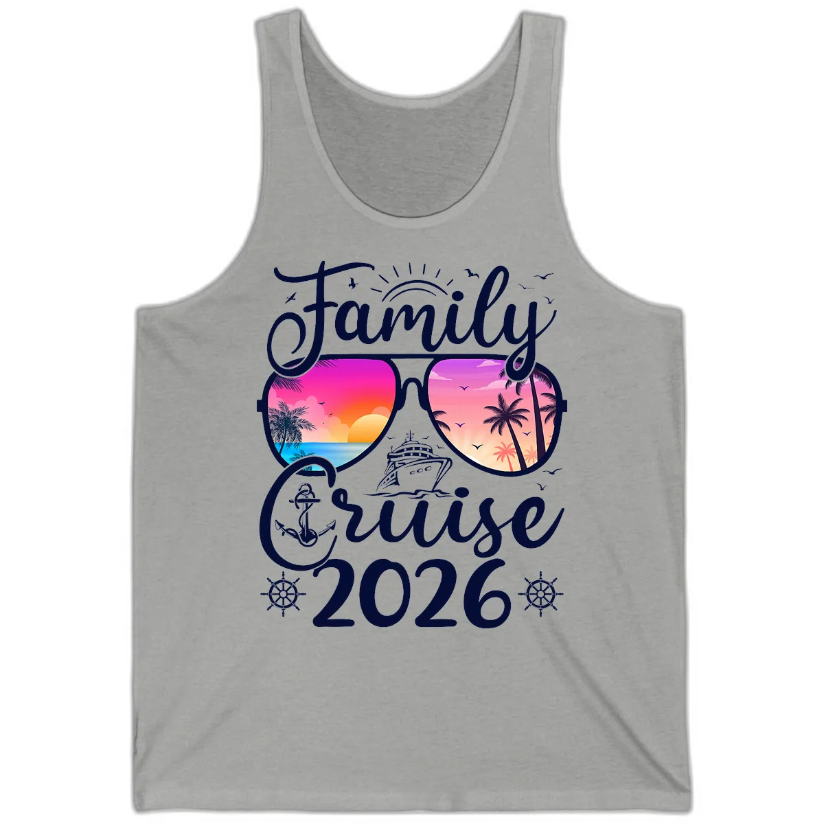 Family Cruise 2026 Tropical Sunset Sunglasses Tank in Athletic Heather