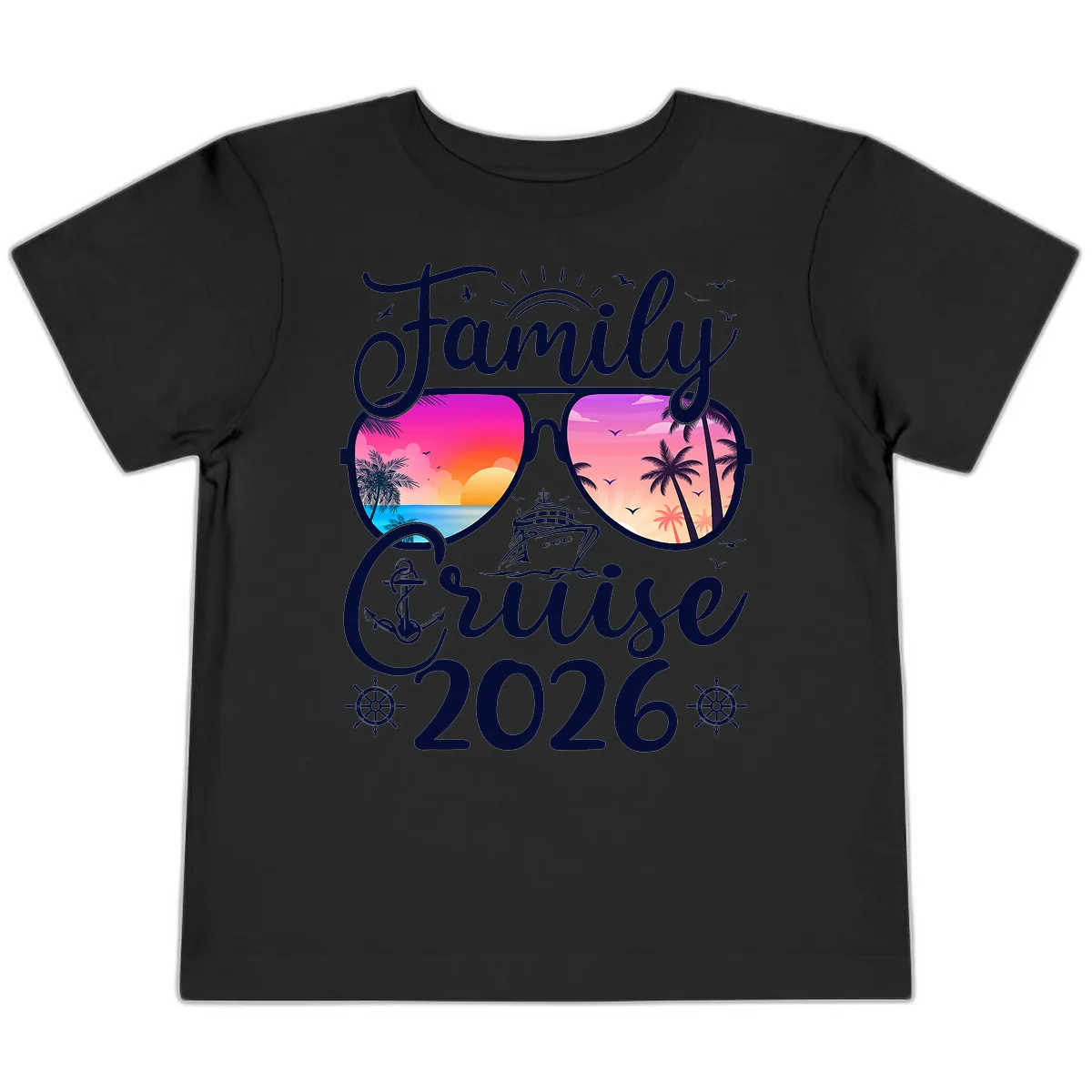 Family Cruise 2026 Tropical Sunset Sunglasses Toddler T-Shirt in Black