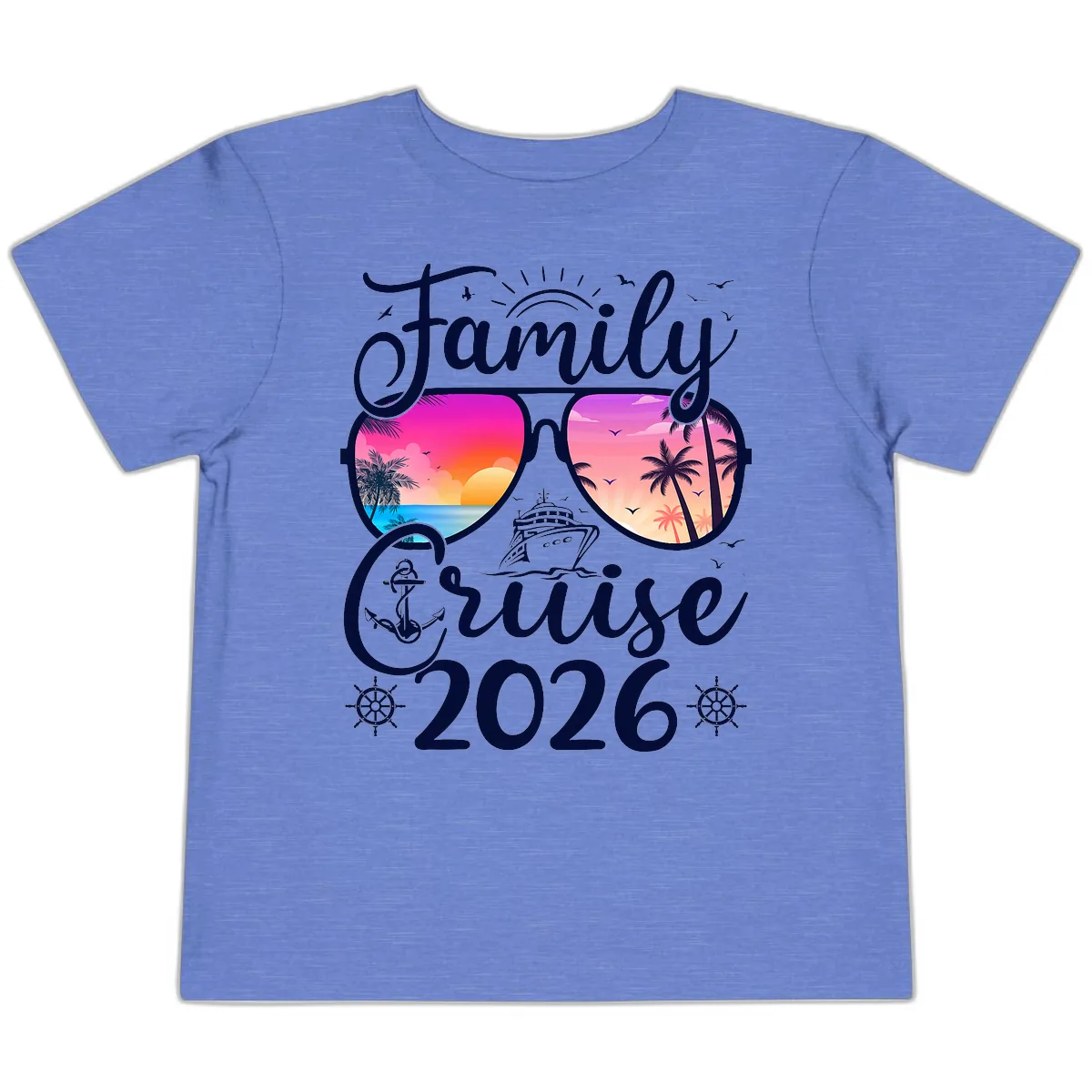 Family Cruise 2026 Tropical Sunset Sunglasses Toddler T-Shirt in Heather Columbia Blue