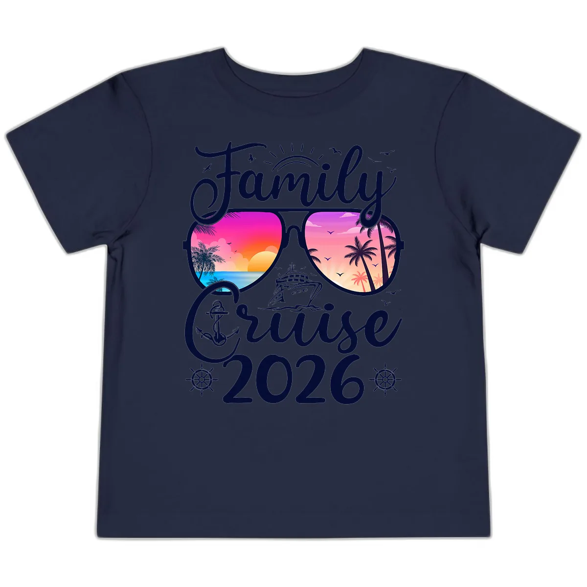 Family Cruise 2026 Tropical Sunset Sunglasses Toddler T-Shirt in Navy