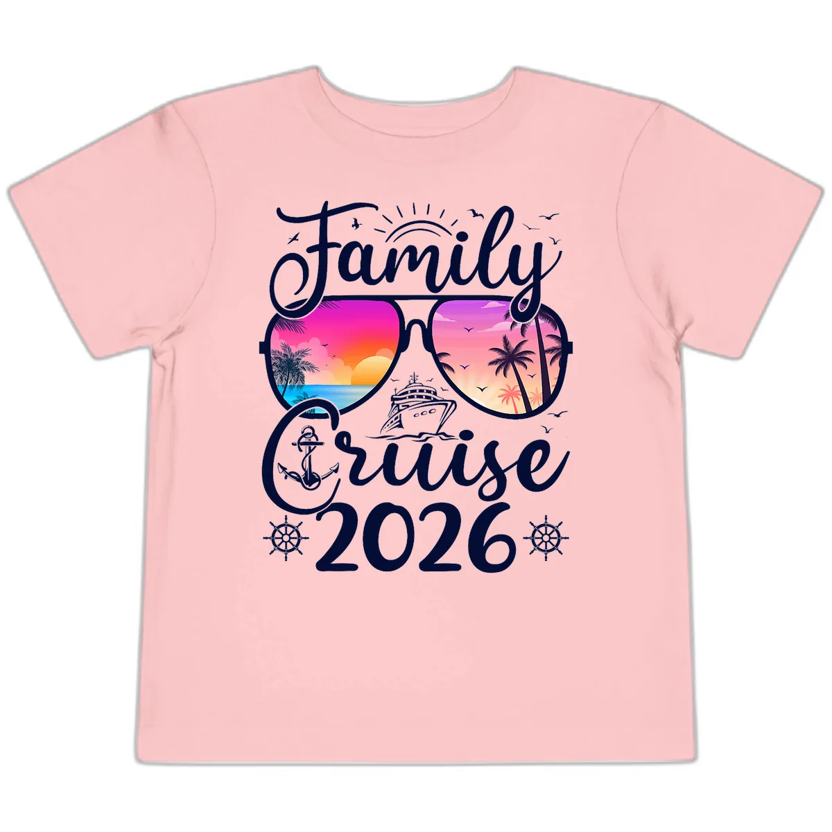 Family Cruise 2026 Tropical Sunset Sunglasses Toddler T-Shirt in Pink