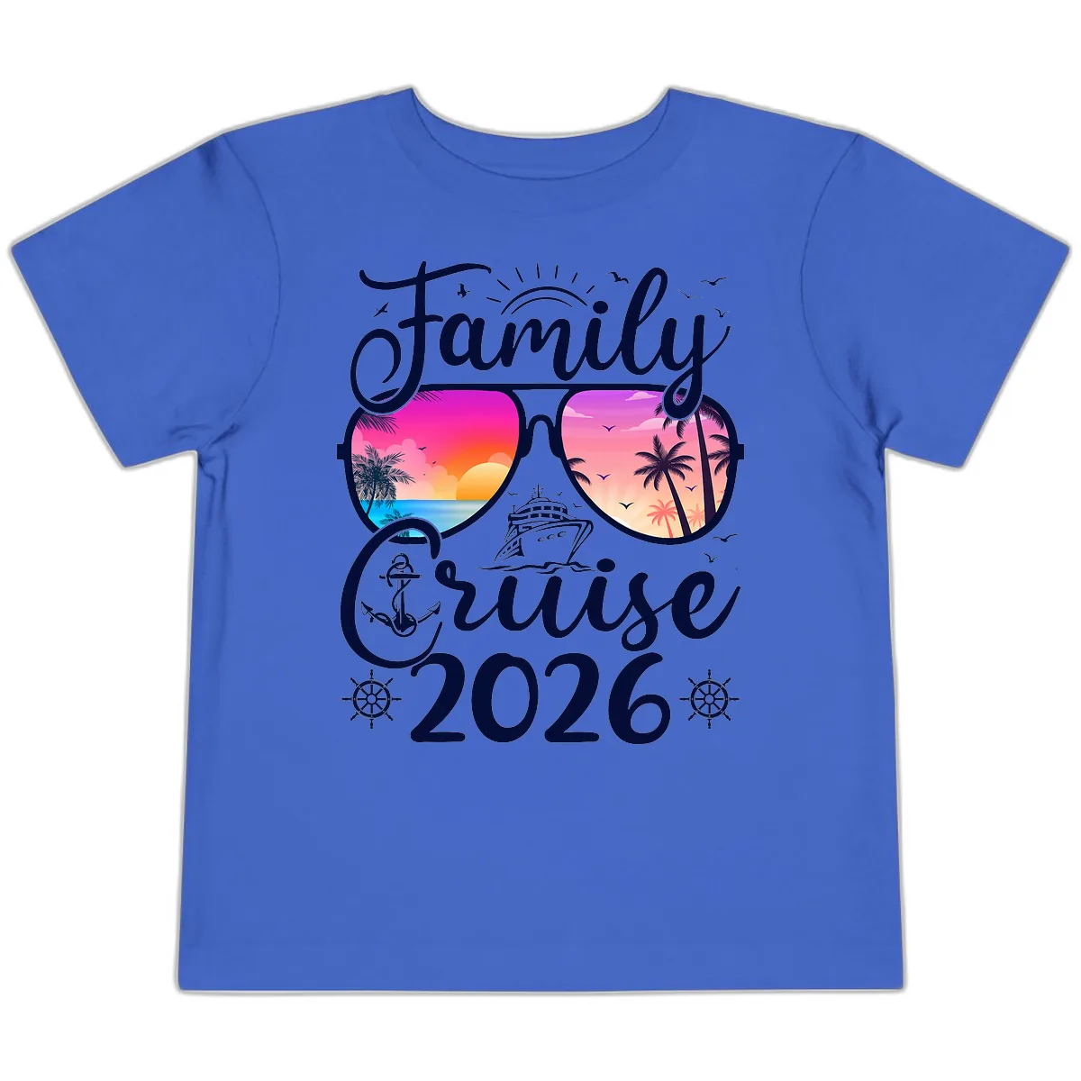 Family Cruise 2026 Tropical Sunset Sunglasses Toddler T-Shirt in True Royal