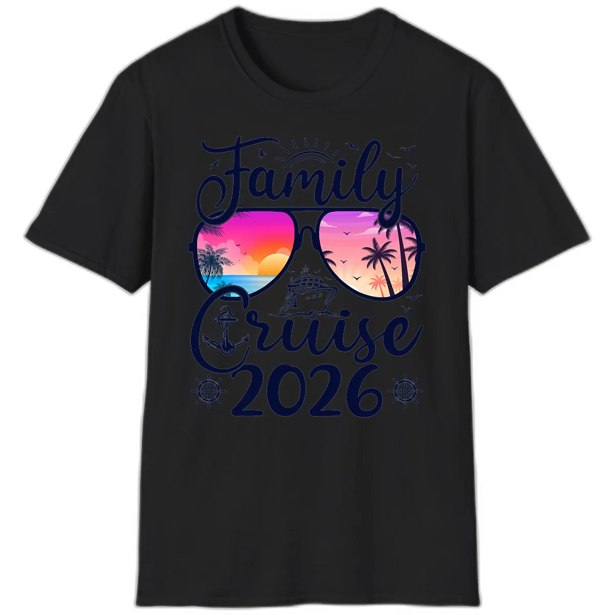 Family Cruise 2026 Tropical Sunset Sunglasses T-Shirt in Black