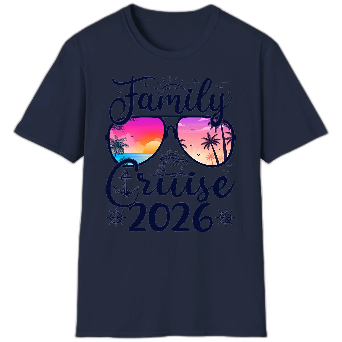 Family Cruise 2026 Tropical Sunset Sunglasses T-Shirt in Navy