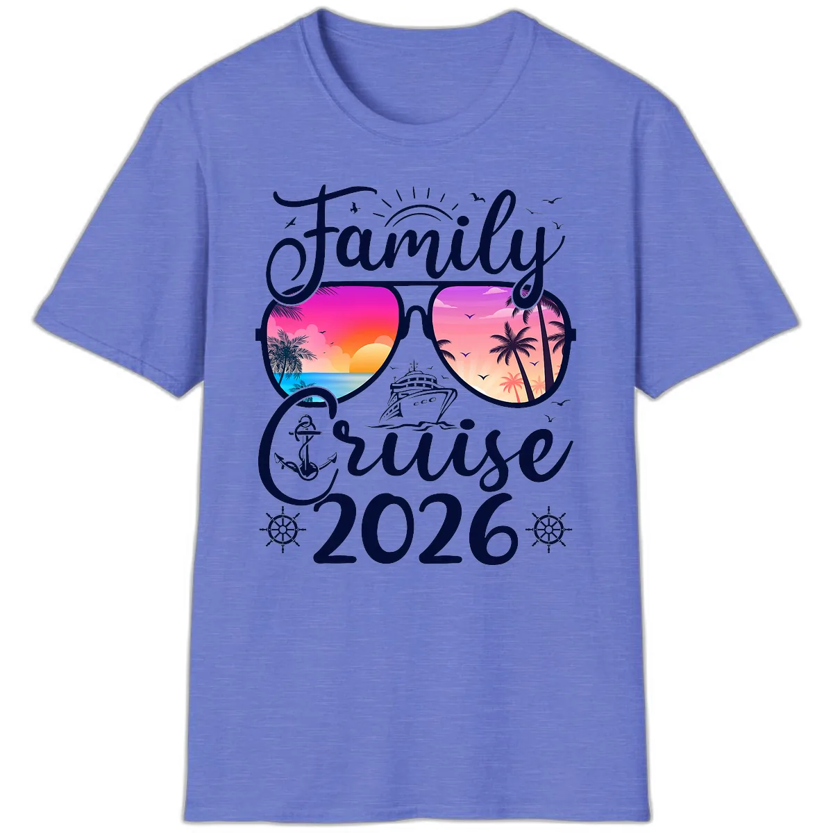 Family Cruise 2026 Tropical Sunset Sunglasses T-Shirt in Heather Royal