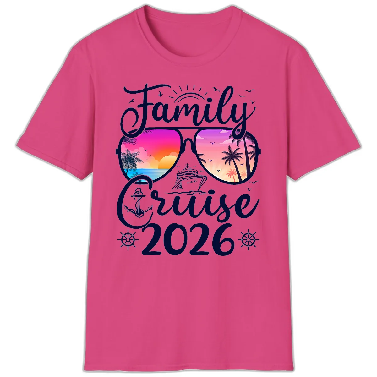Family Cruise 2026 Tropical Sunset Sunglasses T-Shirt in Heliconia
