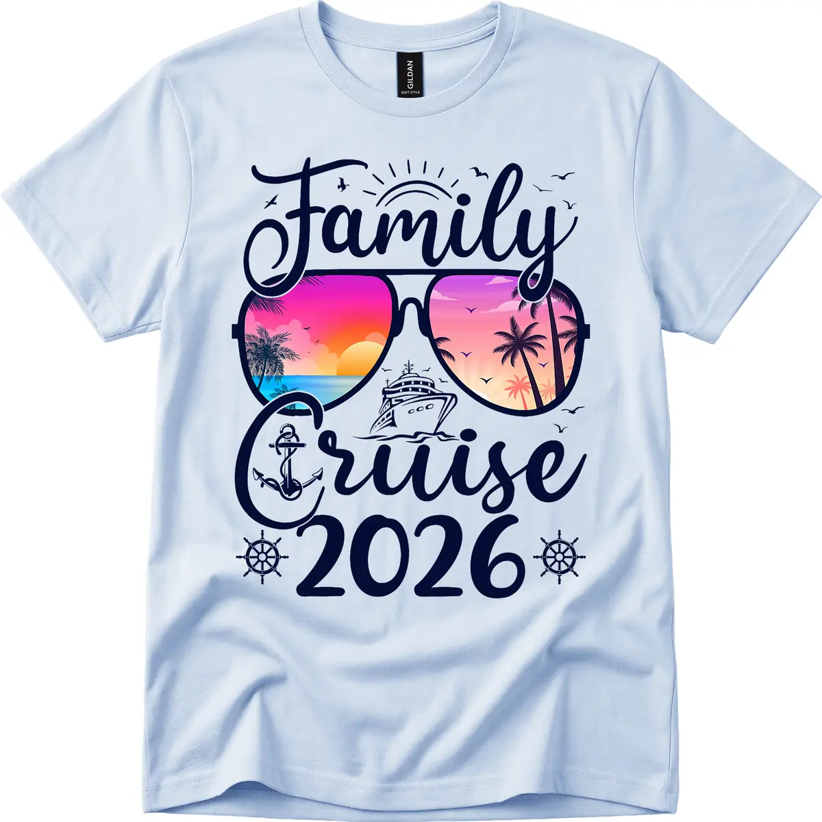 Family Cruise 2026 Tropical Sunset Sunglasses T-Shirt in Light Blue