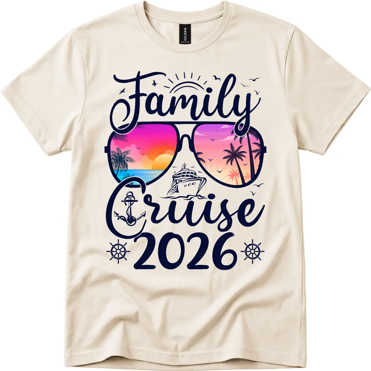 Family Cruise 2026 Tropical Sunset Sunglasses T-Shirt in Natural