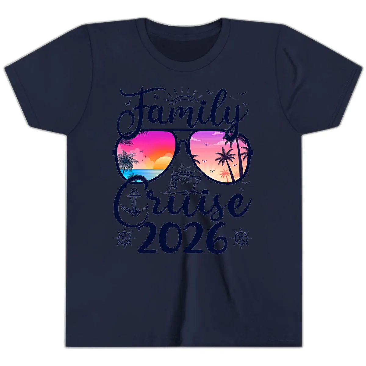 Family Cruise 2026 Tropical Sunset Sunglasses Youth T-Shirt in Navy