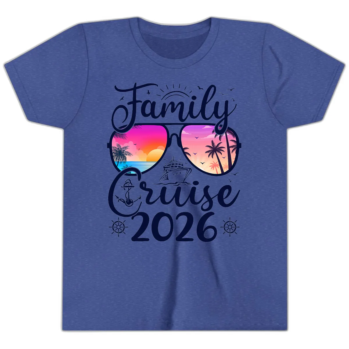 Family Cruise 2026 Tropical Sunset Sunglasses Youth T-Shirt in Heather True Royal
