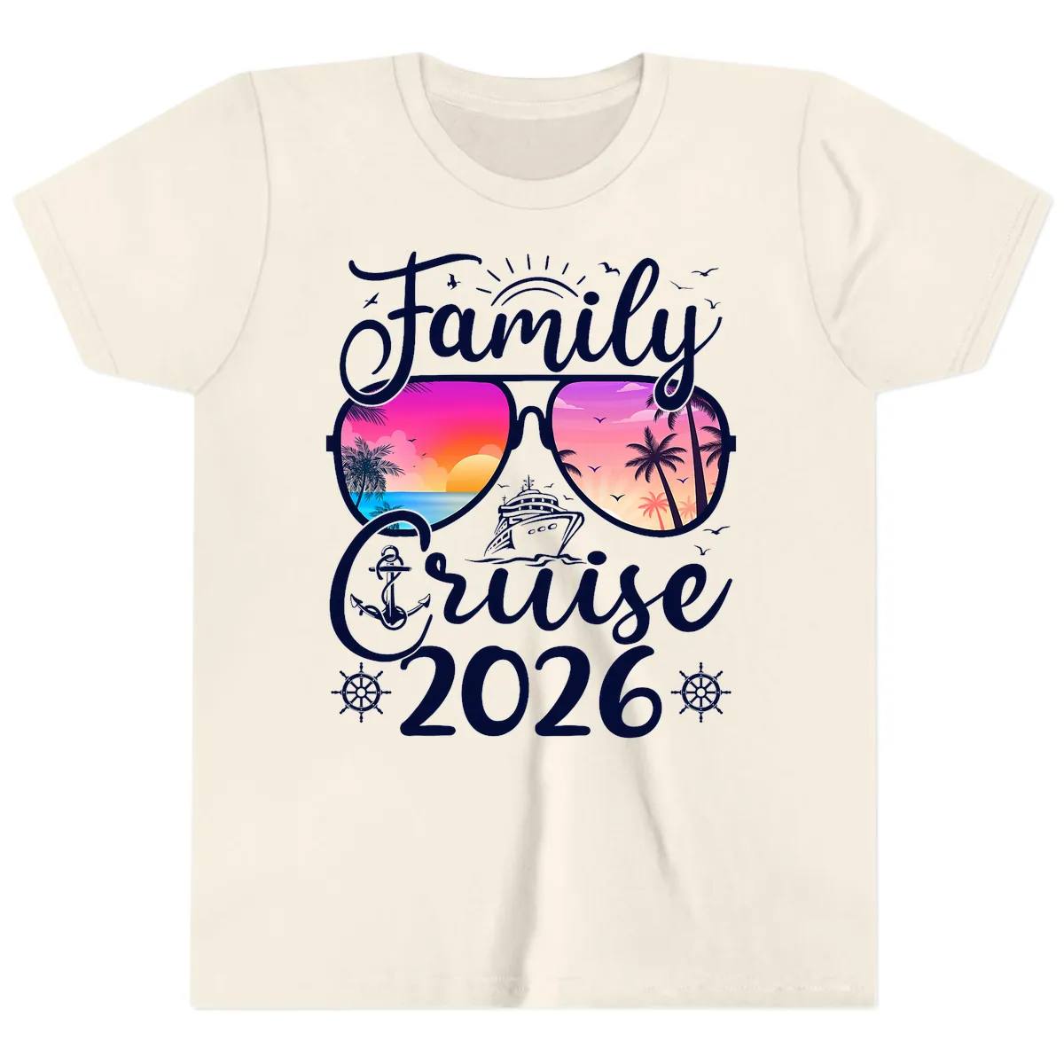 Family Cruise 2026 Tropical Sunset Sunglasses Youth T-Shirt in Natural