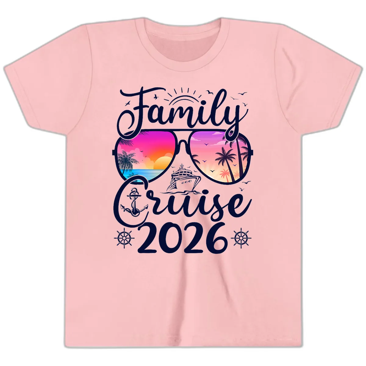 Family Cruise 2026 Tropical Sunset Sunglasses Youth T-Shirt in Pink