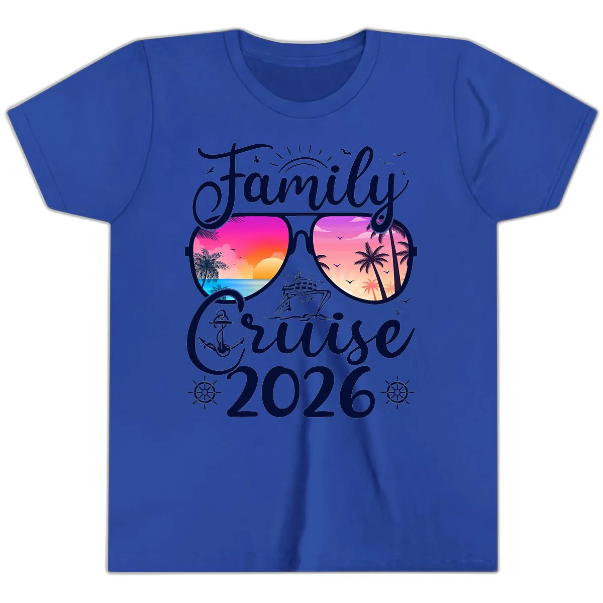 Family Cruise 2026 Tropical Sunset Sunglasses Youth T-Shirt in True Royal