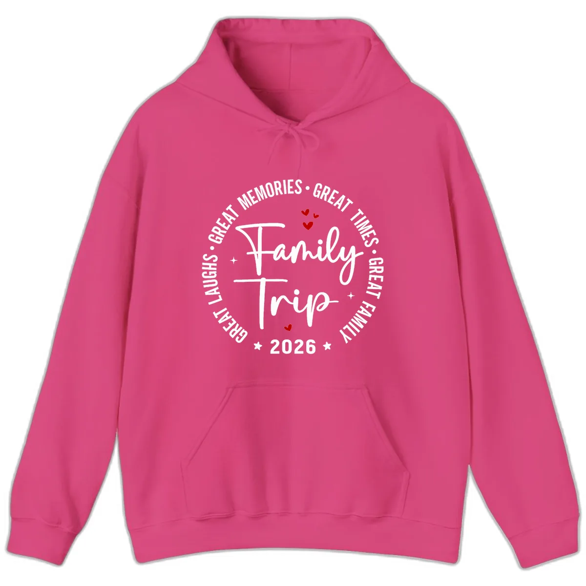 Family Trip 2026 Great Memories Badge Hoodie in Heliconia