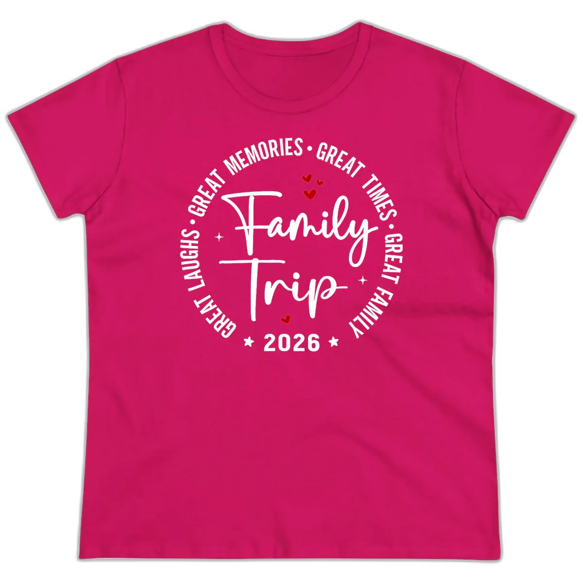 Family Trip 2026 Great Memories Badge Ladies Tee in Heliconia