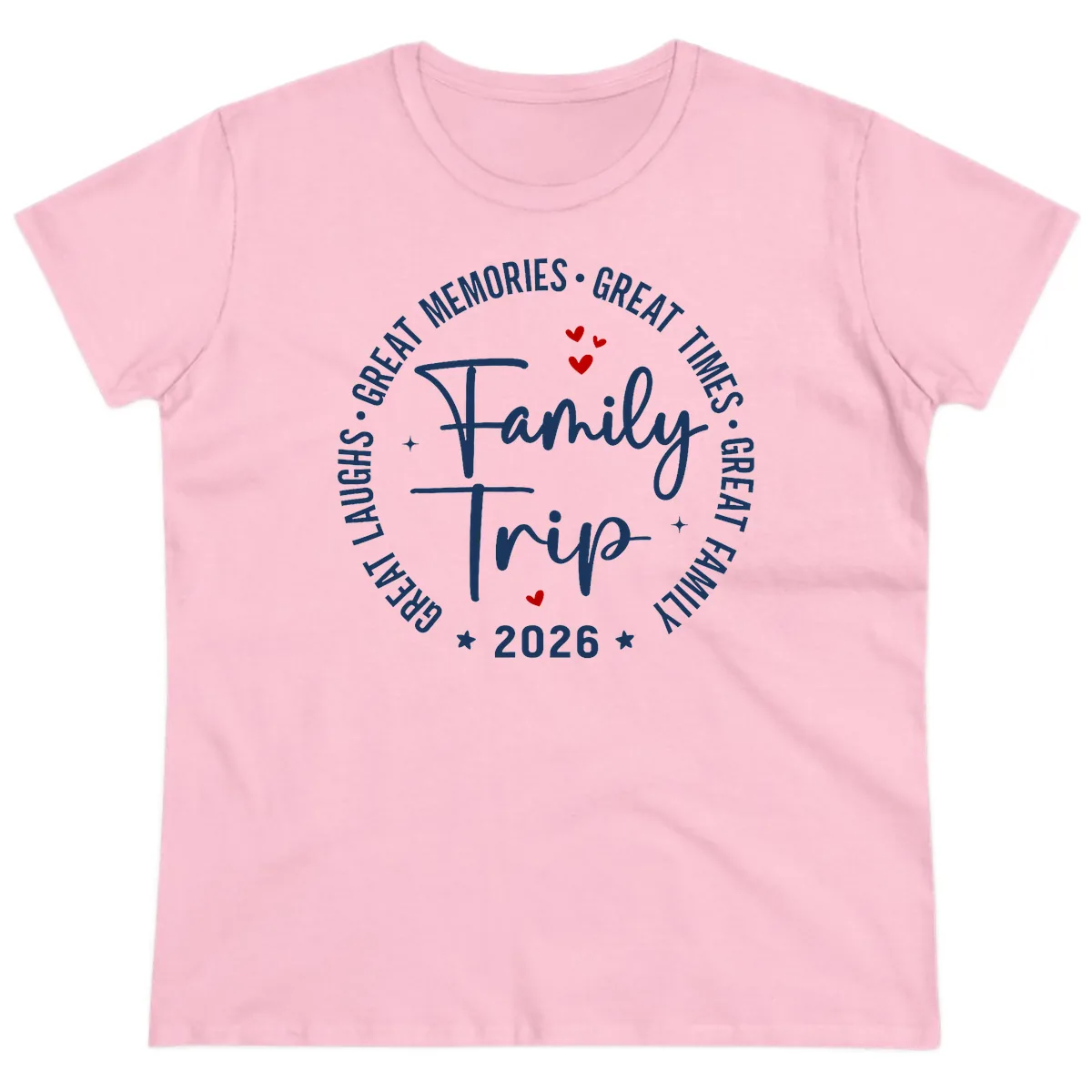 Family Trip 2026 Great Memories Badge Ladies Tee in Light Pink