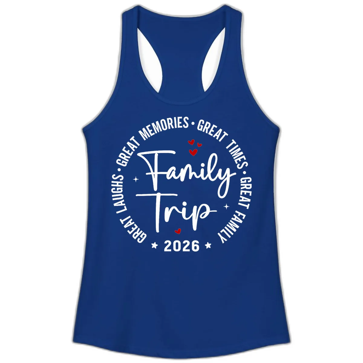 Family Trip 2026 Great Memories Badge Ladies Tank in Solid Royal