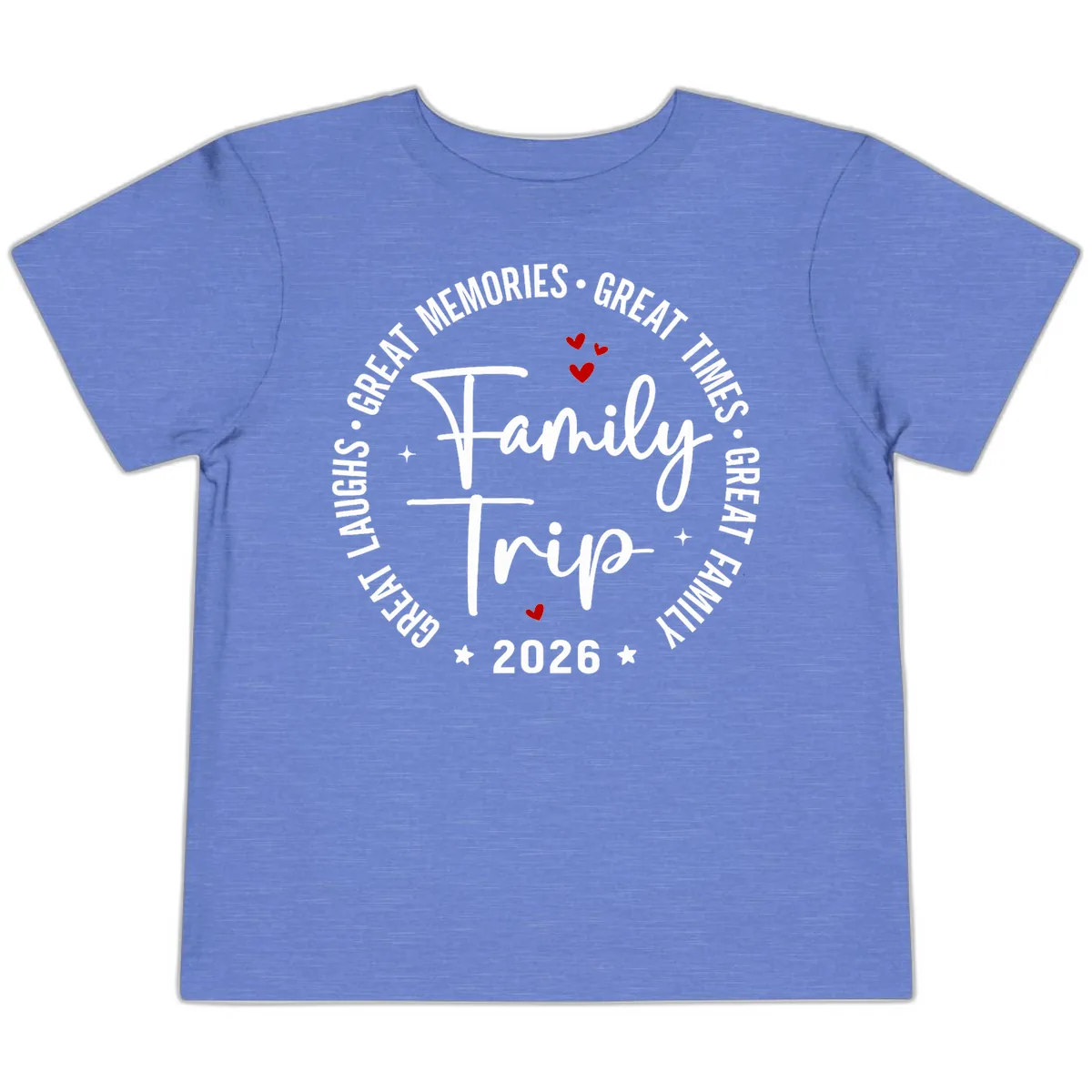 Family Trip 2026 Great Memories Badge Toddler T-Shirt in Heather Columbia Blue