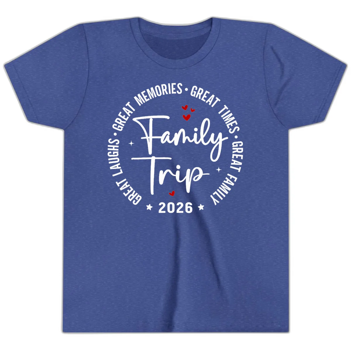 Family Trip 2026 Great Memories Badge Youth T-Shirt in Heather True Royal