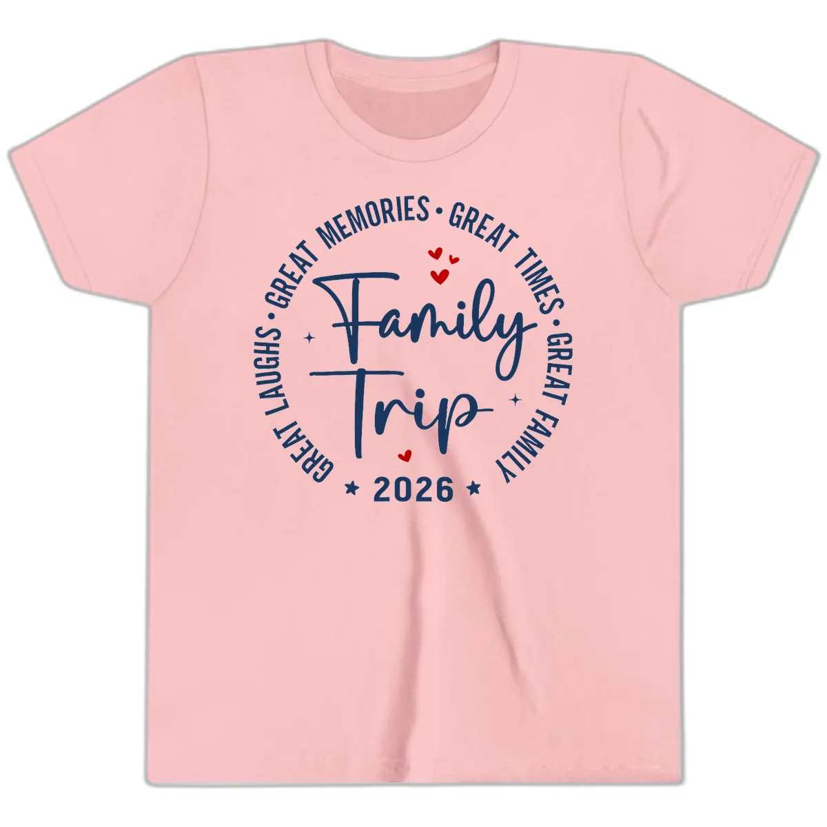 Family Trip 2026 Great Memories Badge Youth T-Shirt in Pink