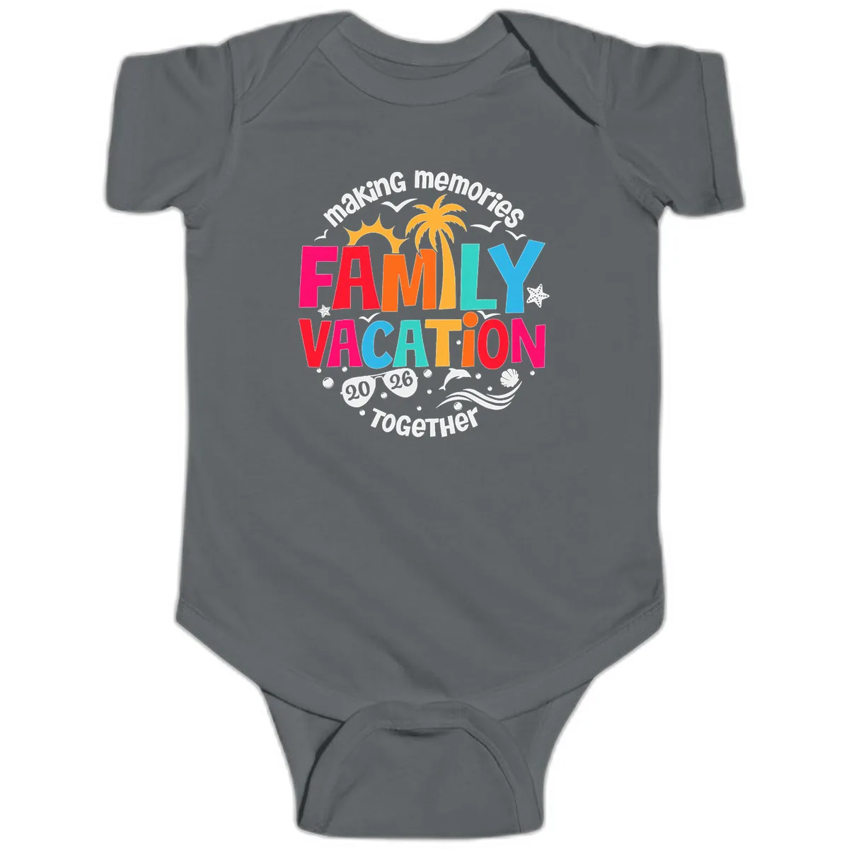 Making Memories Family Vacation 2026 Beach Trip Baby Onesie in Charcoal