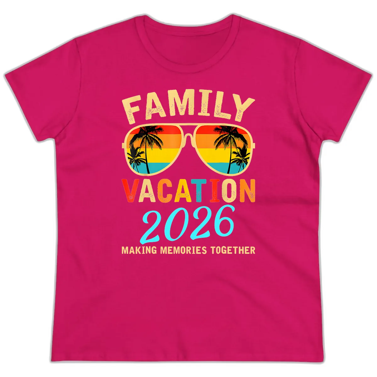 Family Vacation 2026 Sunglasses Beach Design Ladies Tee in Heliconia