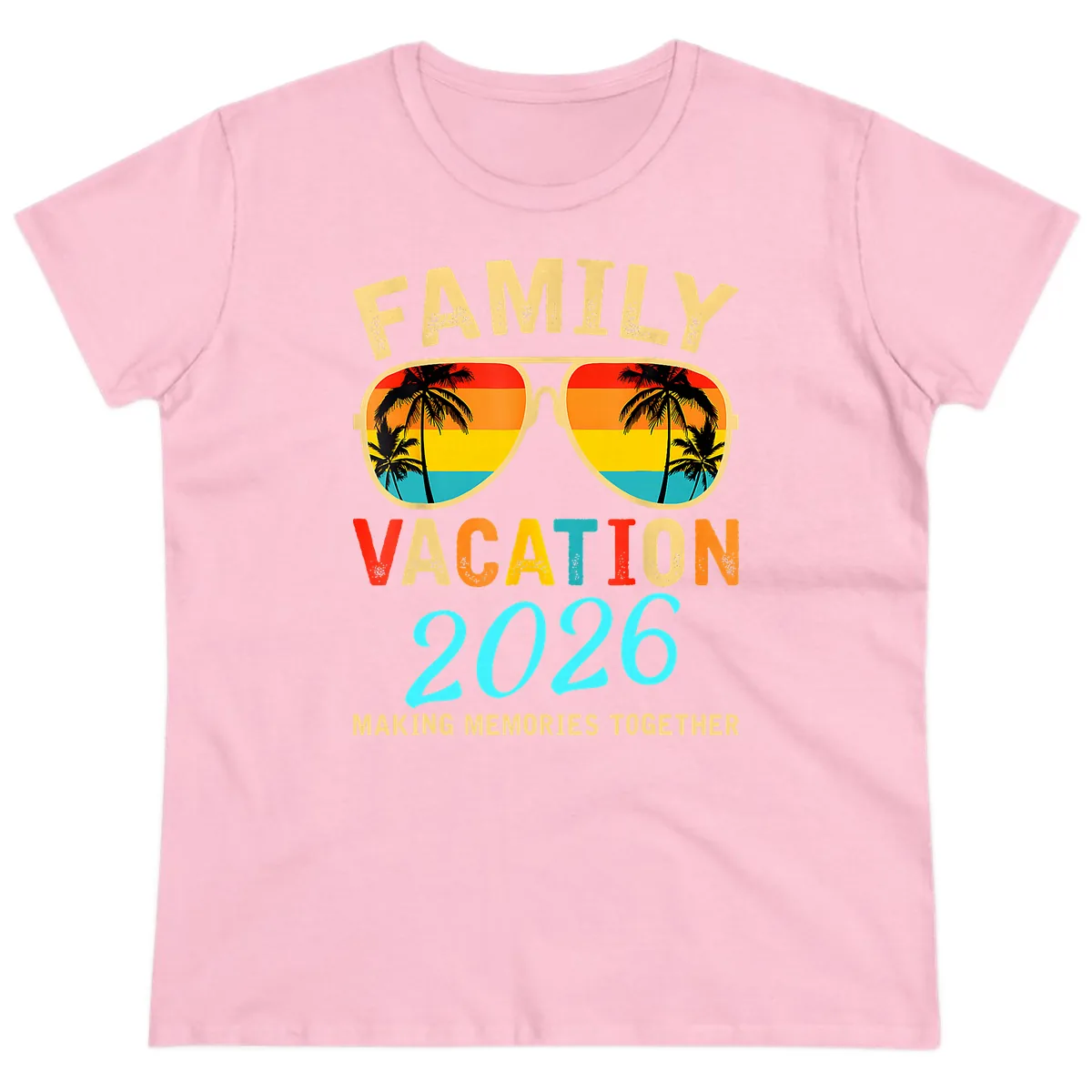 Family Vacation 2026 Sunglasses Beach Design Ladies Tee in Light Pink