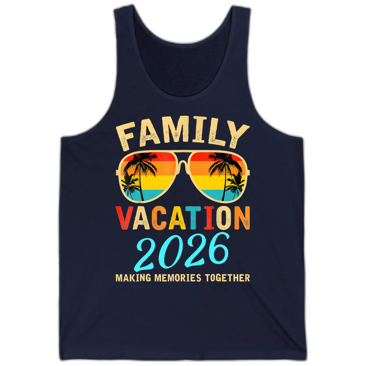 Family Vacation 2026 Sunglasses Beach Design Tank in Navy