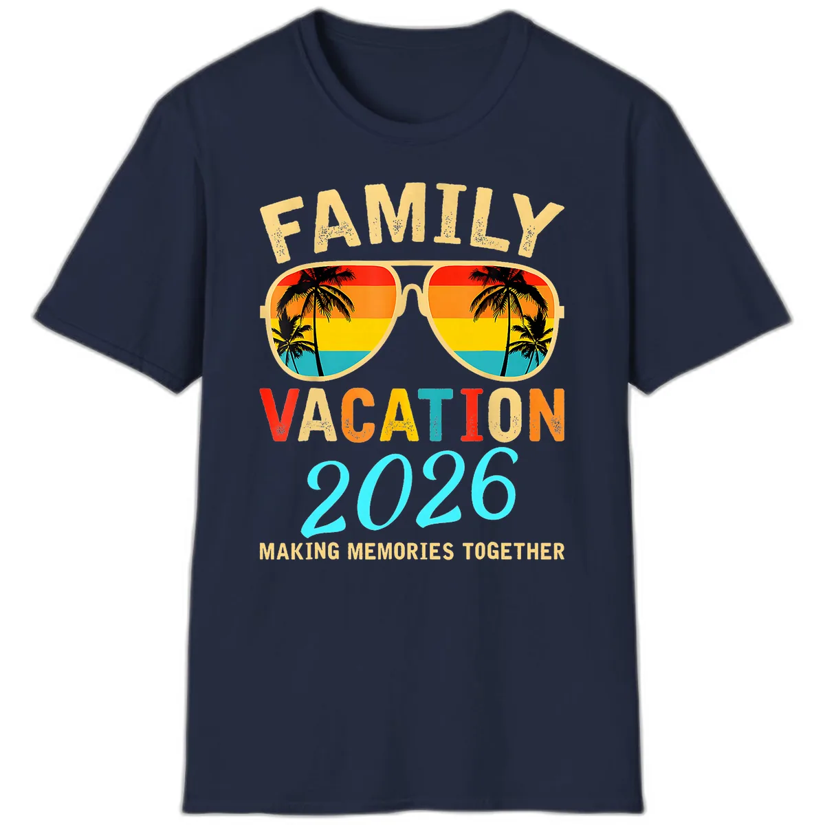 Family Vacation 2026 Sunglasses Beach Design T-Shirt in Navy