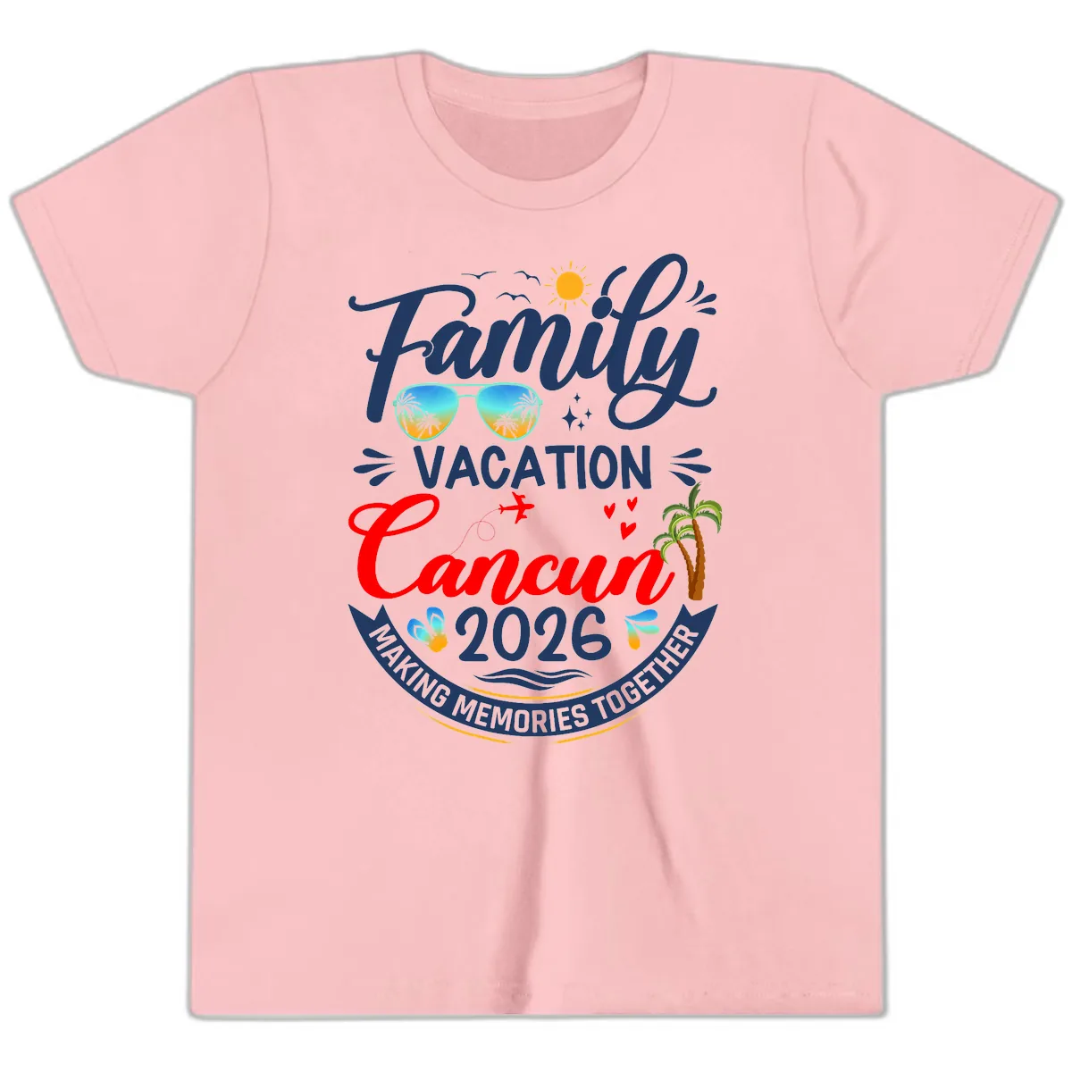 Family Cancun Vacation 2026 Memories Together Youth T-Shirt in Pink