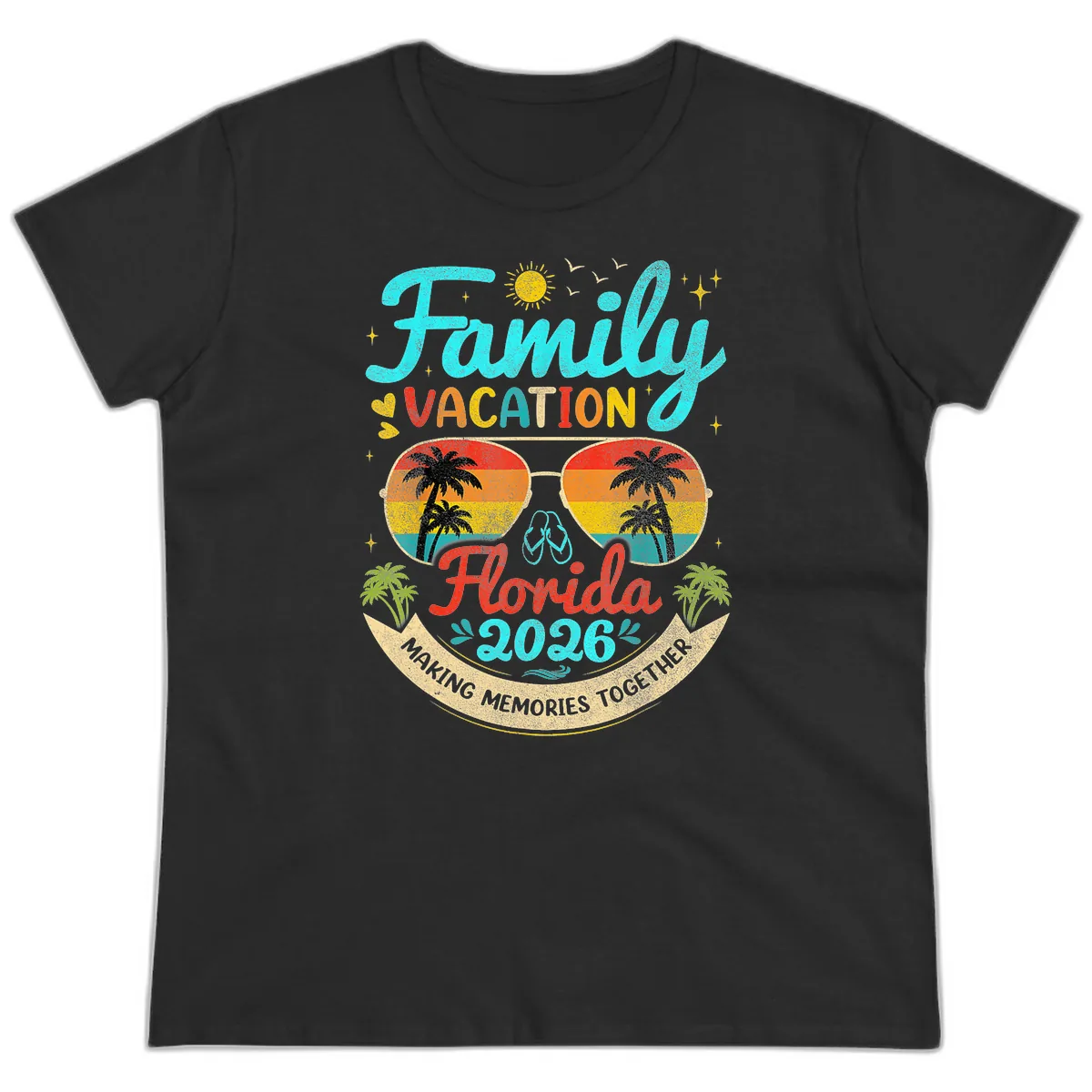 Family Florida Vacation 2026 Sunglasses Palm Tree Ladies Tee in Black