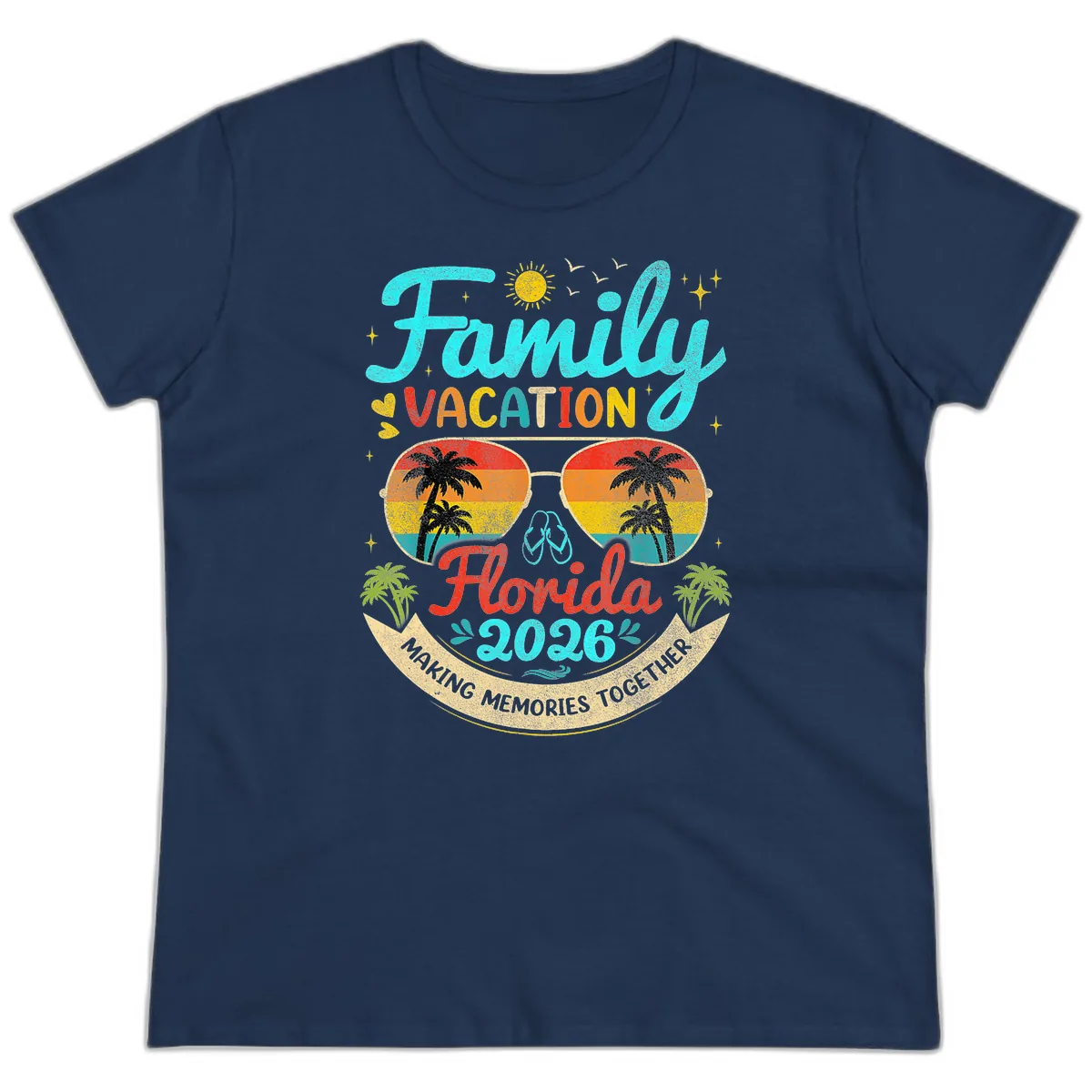 Family Florida Vacation 2026 Sunglasses Palm Tree Ladies Tee in Navy