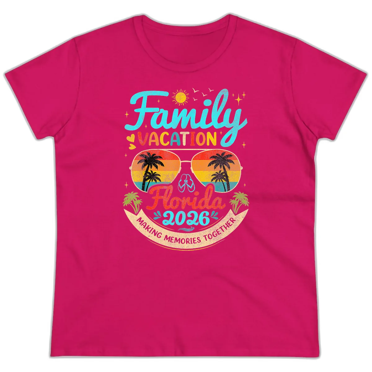 Family Florida Vacation 2026 Sunglasses Palm Tree Ladies Tee in Heliconia